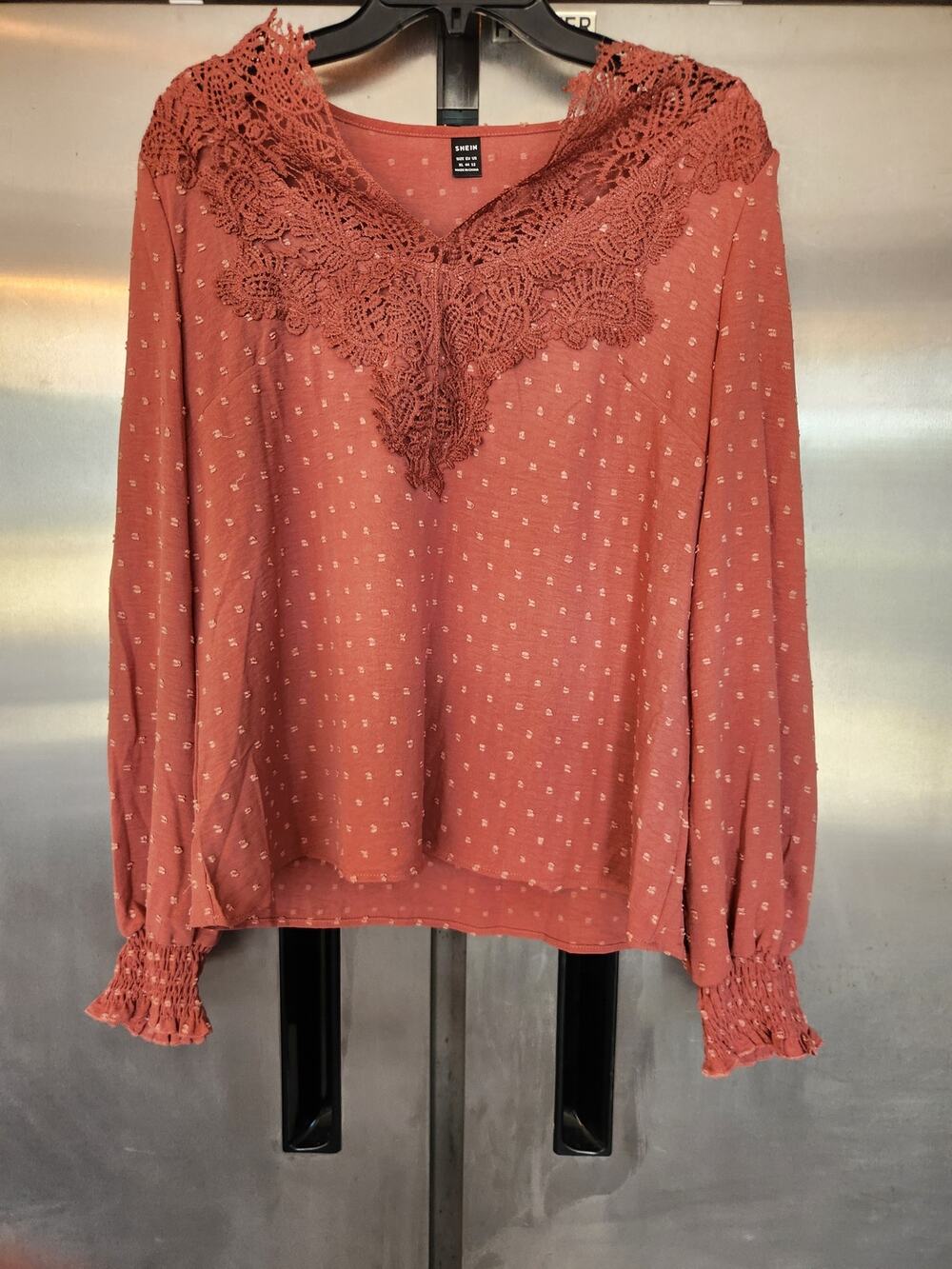 Shein Rust Crochet Lace Trim Swiss Dot Blouse Long Sleeve Size XL